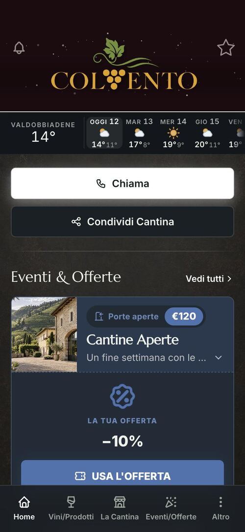 App per cantine: la Home col tasto Chiama e quello che succede in cantina