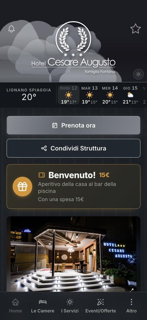 App per hotel: la Home con il meteo, il tasto per prenotare e il benvenuto