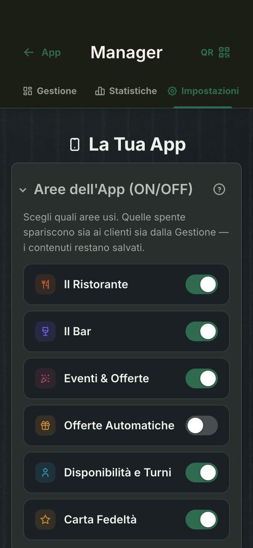 Come creare la tua app con Telaio: le aree dell’app, accese e spente dal Manager