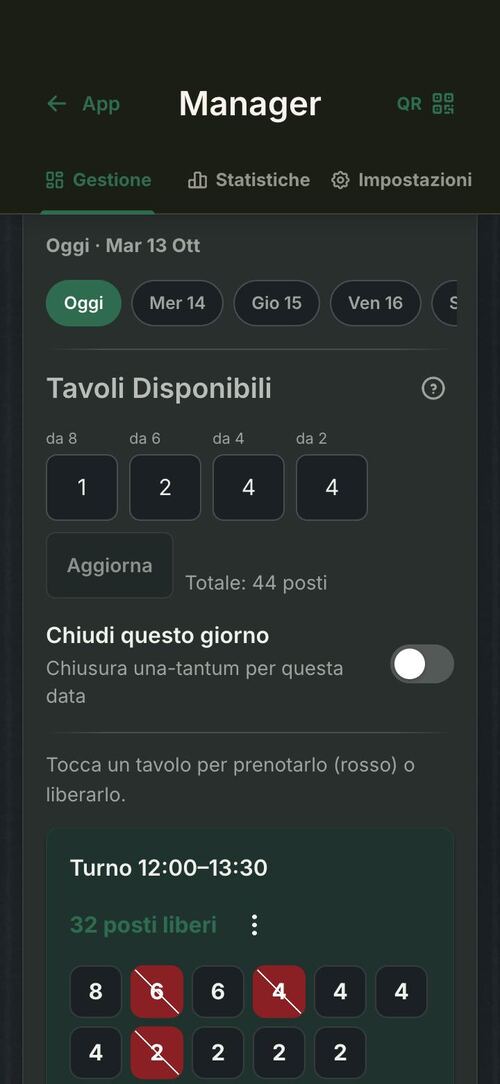 Disponibilità e turni del ristorante, che il cliente vede subito nell’app