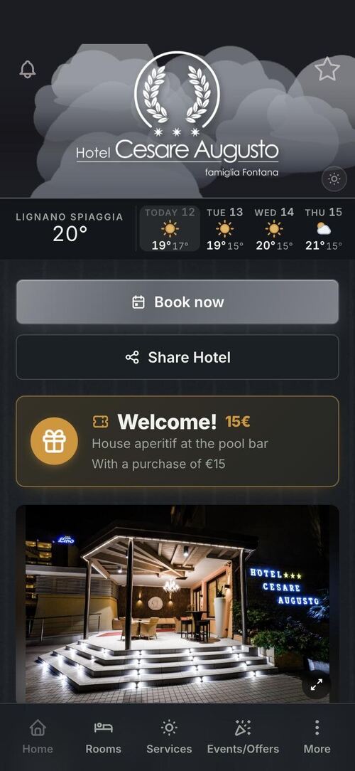 Telaio hotel app: the guest's Home screen