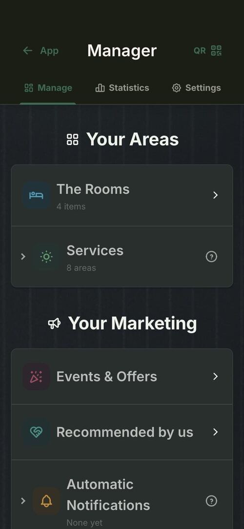 The hotel app’s Manager: rooms, services and events to switch on and off