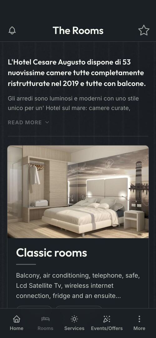 Hotel app: the rooms, each with its own photos, price and amenities
