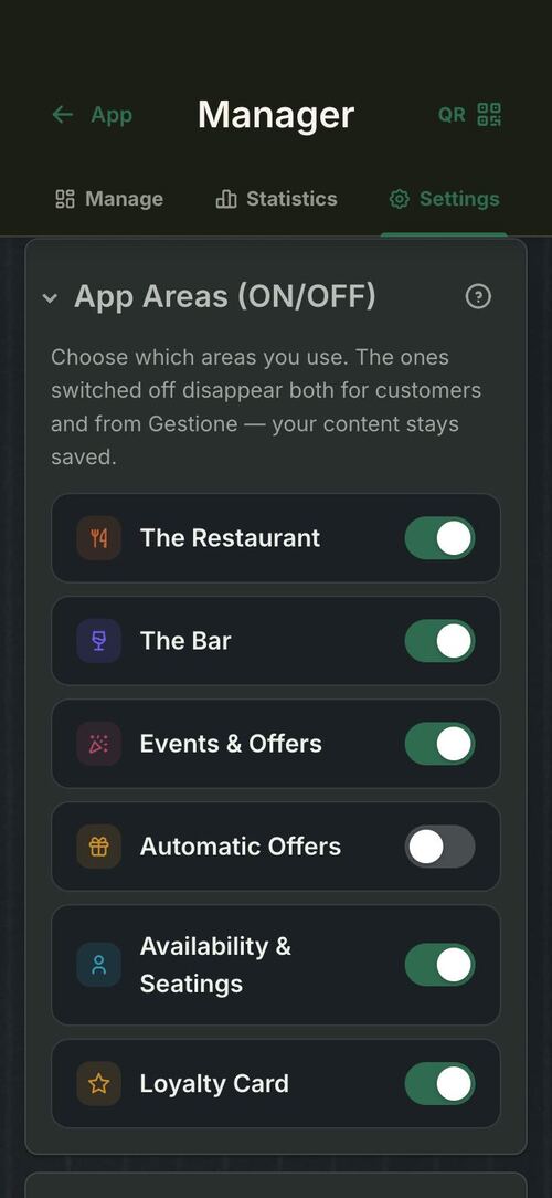 How to make an app for your business with Telaio: the app’s areas, switched on and off in the Manager