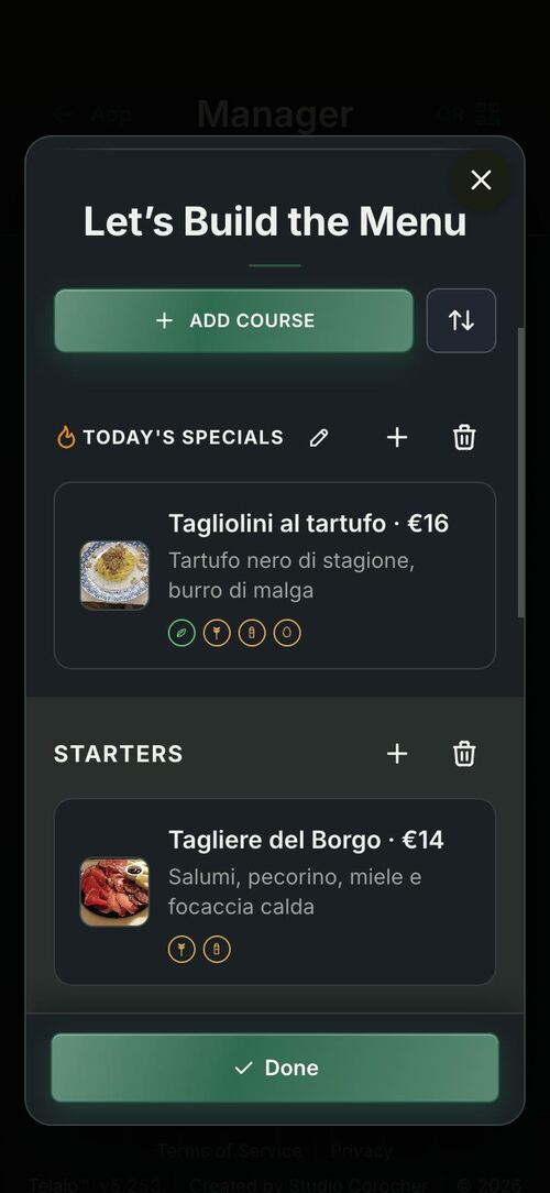 Telaio restaurant app: the owner changing the menu from the phone