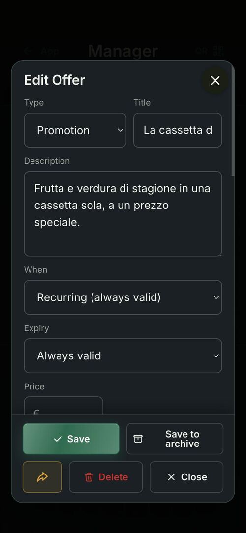 Telaio small business app: creating an offer from the phone