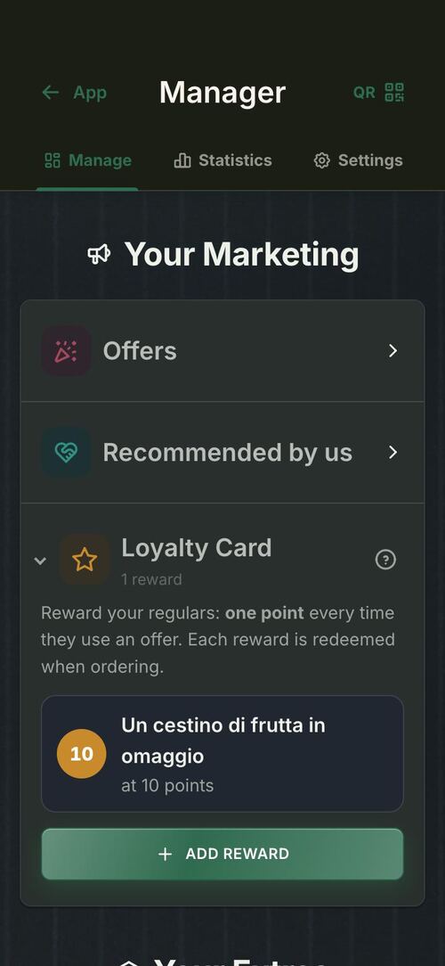 Small business marketing ideas: offers, recommendations and the loyalty card in the owner’s Manager