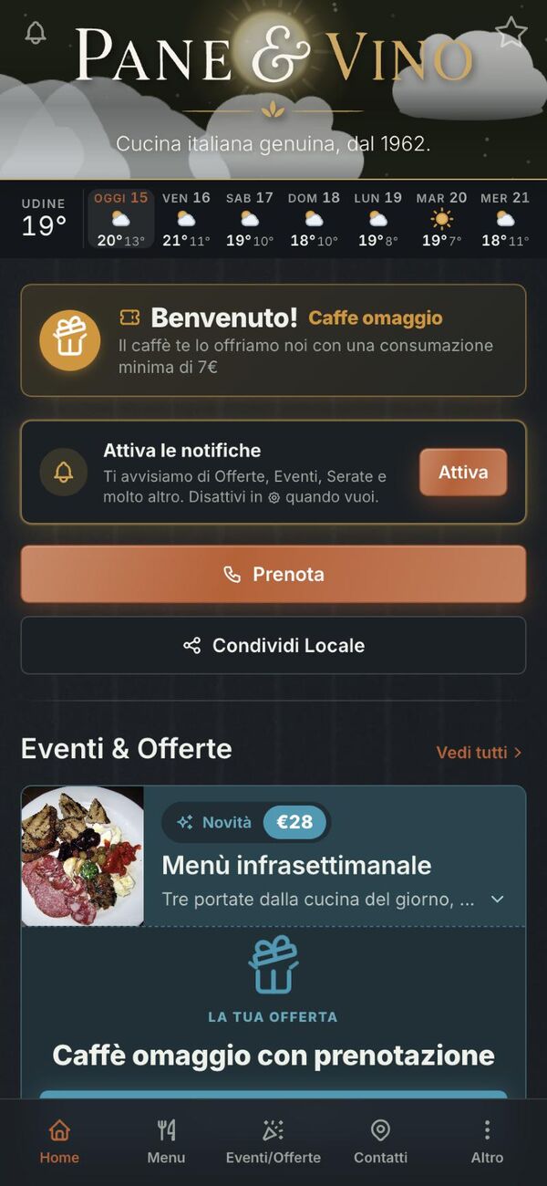 Sviluppo app per ristoranti, l’alternativa Telaio: la Home dell’app di un ristorante