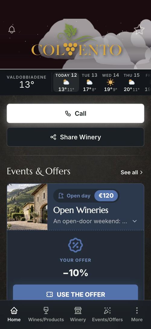 Winery app: the Home with the Call button and what is happening at the winery